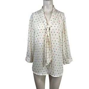 ModCloth Cream Heart Eye Horseshoe Print Tie Neck blouse Large